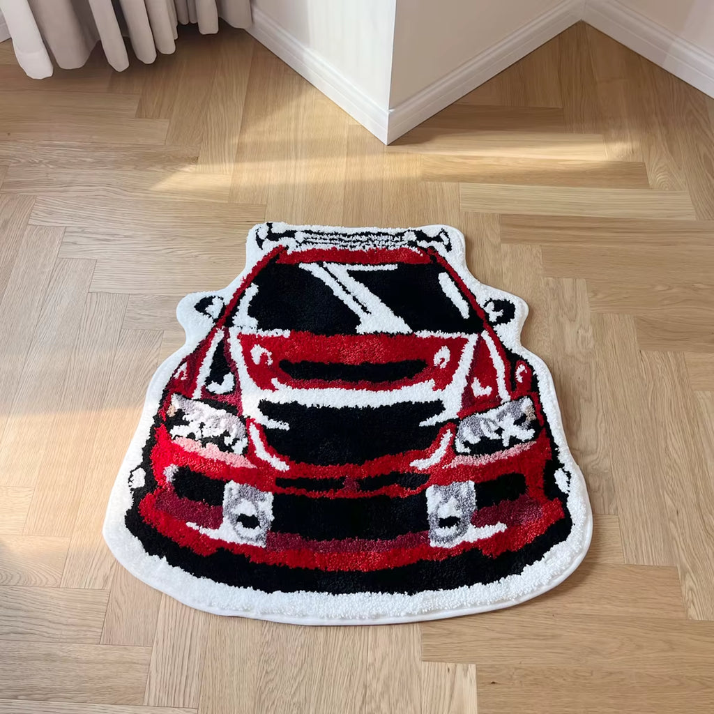 Red Racing Car Shaped Soft Tufted Rug - Non-Slip Absorbent Doormat for Enthusiasts
