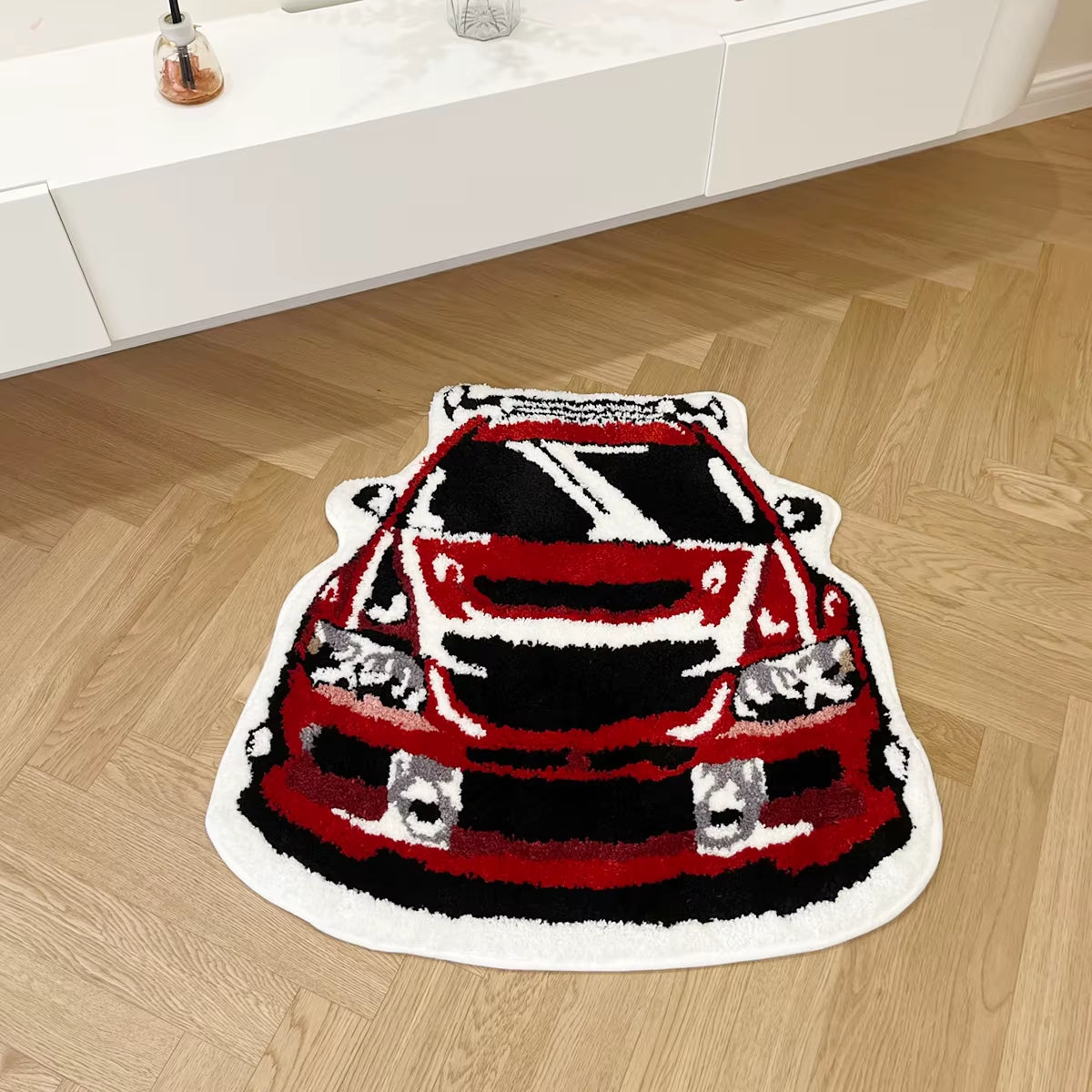Red Racing Car Shaped Soft Tufted Rug - Non-Slip Absorbent Doormat for Enthusiasts