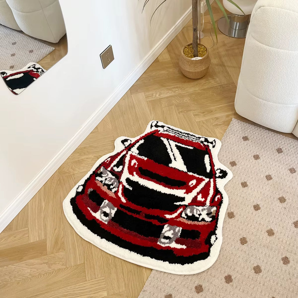 Red Racing Car Shaped Soft Tufted Rug - Non-Slip Absorbent Doormat for Enthusiasts