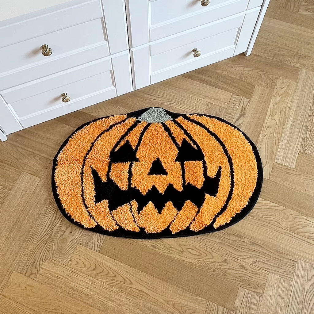 Cute Halloween Pumpkin Non-Slip Tufted Bath Mats - Washable & Absorbent Bathroom Decor